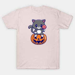 Cute Cat Sitting On Pumpkin Halloween Holding Candy  Cartoon T-Shirt